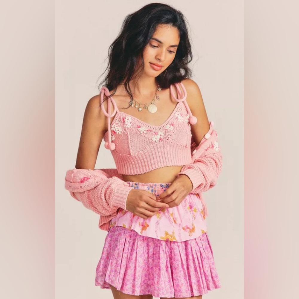 LoveShackFancy Lago Crop Top Little Bow Pink Size XS